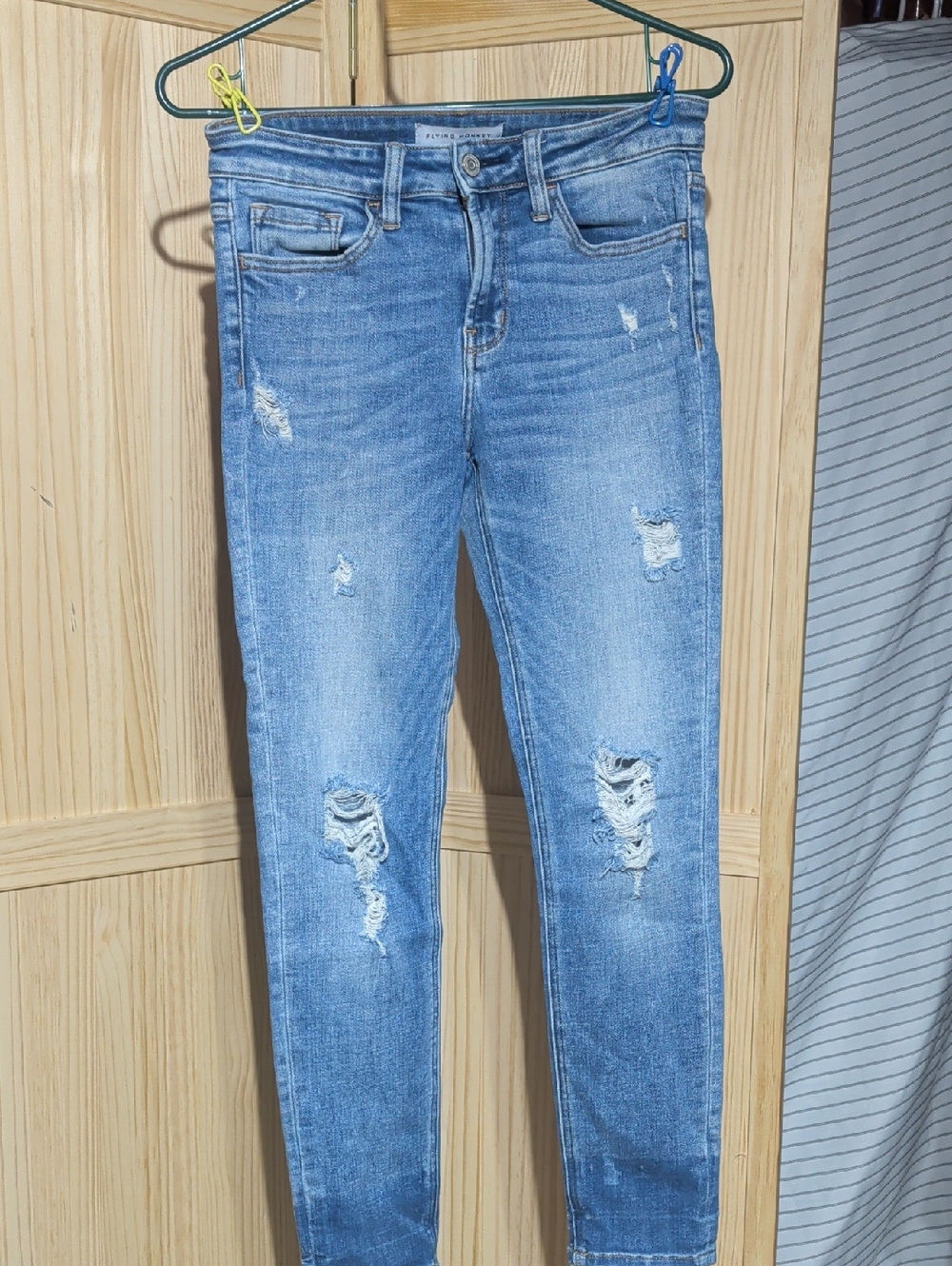 Flying Monkey Distressed Skinny Jeans in Light Blue Wash